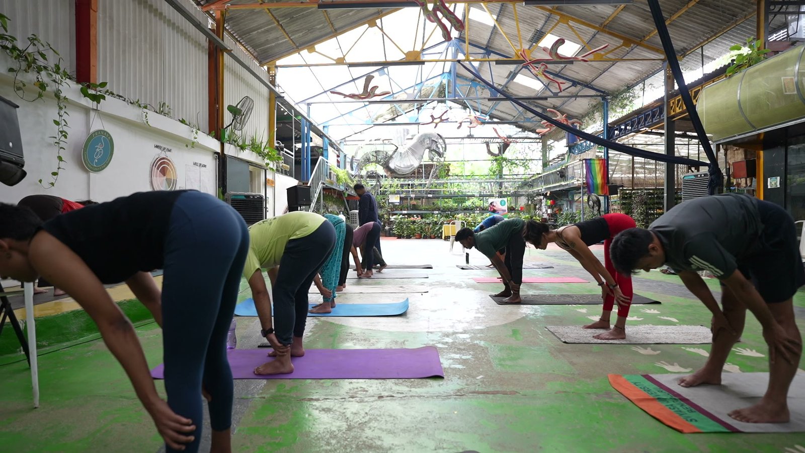 Practitioners folding forward over mats in a wide, plant-lined hall, daylight coming through the skylight roof behind them.