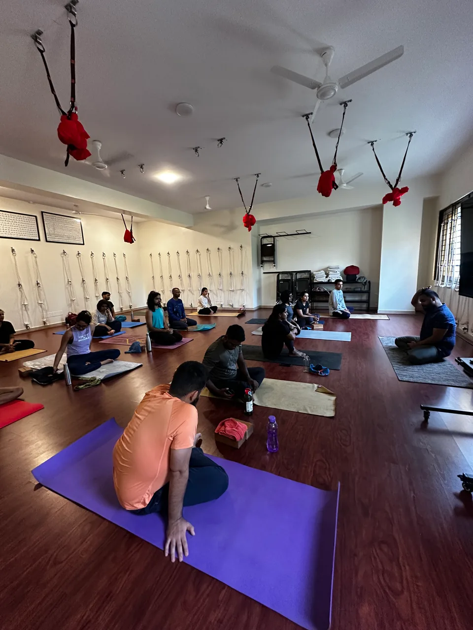 A room of people sitting on their mats facing the front of a studio, one participant in the foreground with a hand lowered to the mat, rope wall and red ceiling slings behind.