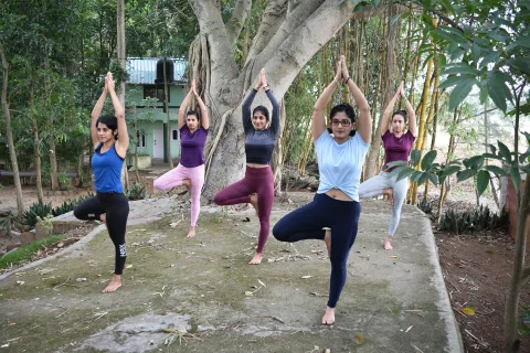 Five women holding tree pose with palms joined overhead on a concrete apron outside a building