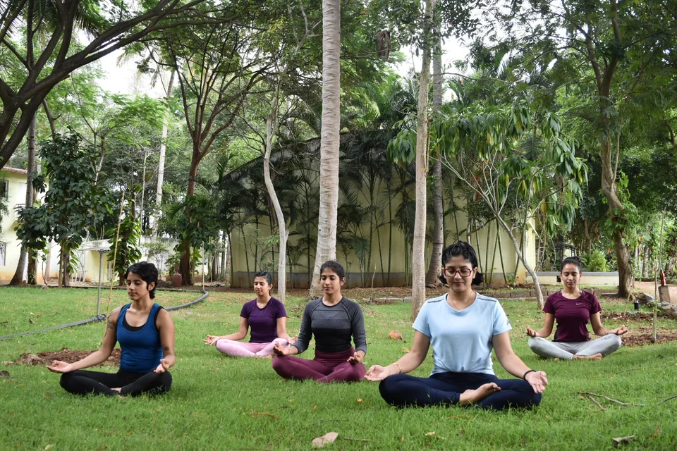 Five women sitting cross-legged on grass with their hands on their knees beneath tall trees